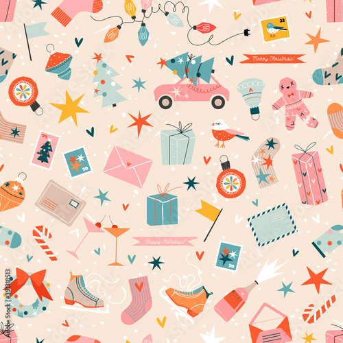 Wallpaper Mural Beige Christmas elements ornate patterns. Seamless vintage vector design. Traditional winter holiday illustrations combined into a pattern. Trendy hand-drawn illustration for fabric, stationery, wrap. Torontodigital.ca