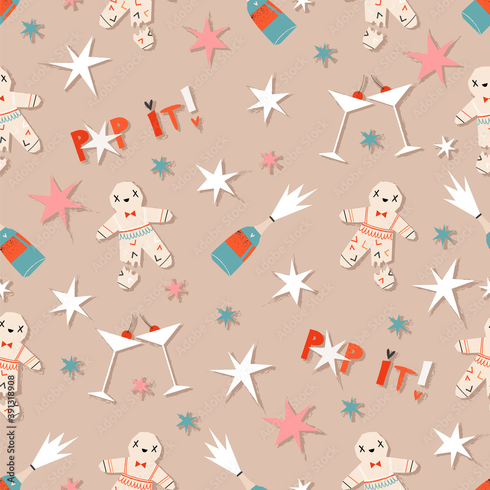 Cookies, champagne bottles, stars, and cocktail glasses seamless pattern. Vintage Christmas pattern design for print, stationery, gift wrap. Trendy illustrated cartoony design. Festive pop it text. Cookies, champagne bottles, stars, and cocktail glasses seamless pattern. Vintage Christmas pattern design for print, stationery, gift wrap. Trendy illustrated cartoony design. Festive pop it text.