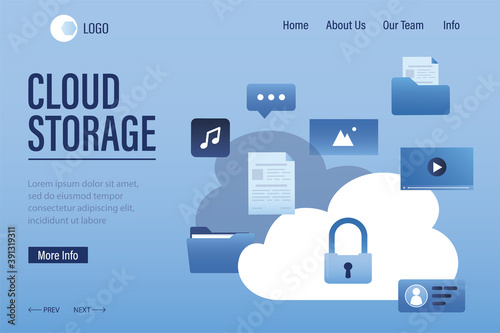 Cloud storage landing page template. Upload and download data with cloud technologies. Protected information,