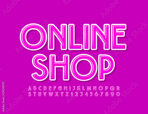 Vector stylish banner Online Shop. Trendy elegant Font. Glossy pink Alphabet Letters and Numbers