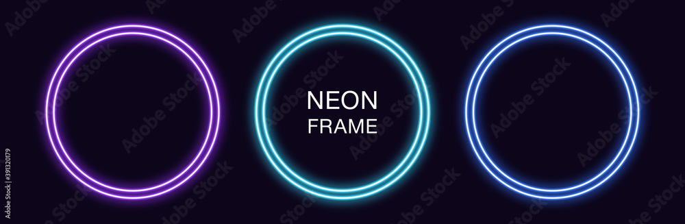 Neon circle Frame. Set of round neon Border with double outline Neon circle Frame. Set of round neon Border with double outline