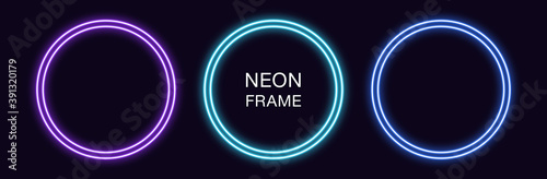 Neon circle Frame. Set of round neon Border with double outline