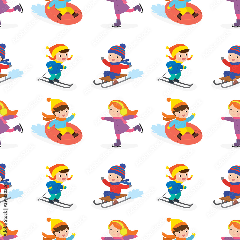 Seamless pattern with various children go in for winter sports. Active spending winter time. School kids with ski, sledges, skates. Seamless pattern with various children go in for winter sports. Active spending winter time. School kids with ski, sledges, skates.