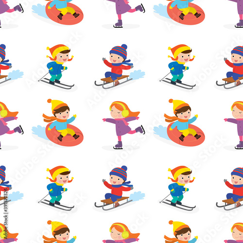 Seamless pattern with various children go in for winter sports. Active spending winter time. School kids with ski, sledges, skates.