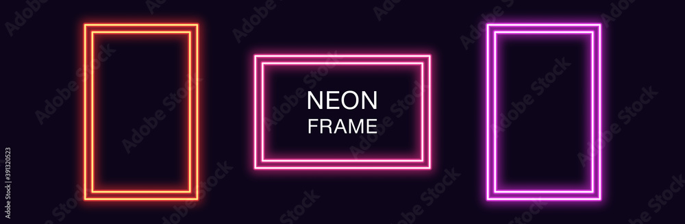 Neon rectangle Frame. Set of rectangular neon Border with double outline