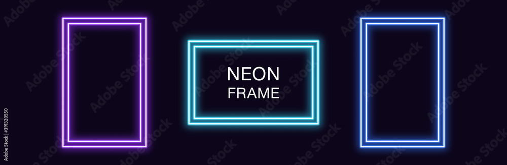 Neon rectangle Frame. Set of rectangular neon Border with double outline - obrazy, fototapety, plakaty 