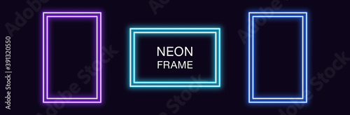 Neon rectangle Frame. Set of rectangular neon Border with double outline