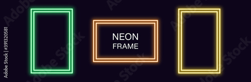 Neon rectangle Frame. Set of rectangular neon Border with double outline