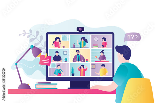 Businessman talking to people on video conference. Various humans on computer screen communicate with colleague.
