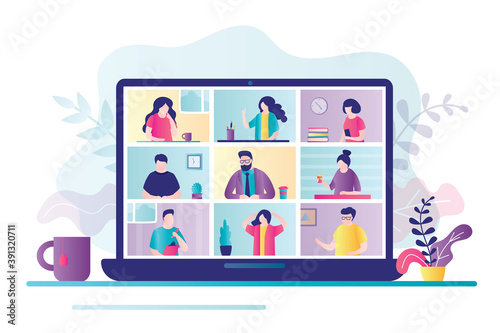 Colleagues communicate on video call. Business people discuss project on laptop screen