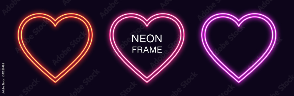 Neon heart Frame. Set of romantic neon Border with double outline