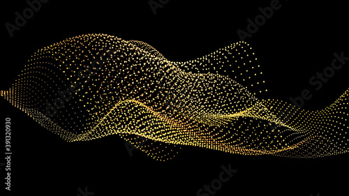 An abstract stream of golden radiance flying in outer space through galaxies and orbits. Star clusters networks.