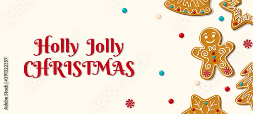 Christmas horizontal banner with homemade gingerbread on a white background. Holly Jolly Christmas phrase