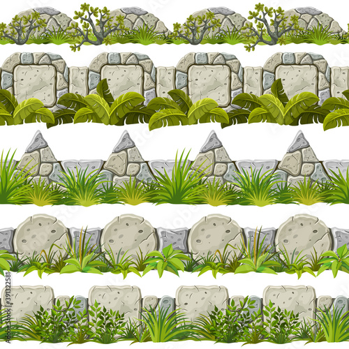 Set of seamless constructor old gray border and frames. Vector stone sidewalks with grass for computer games isolated on white background.