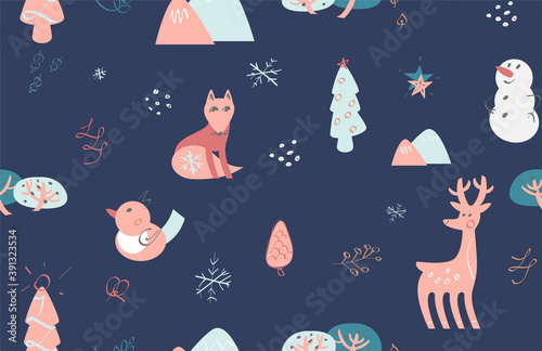 Seamless pattern. Childish background with snowman, deer, fox, bird, mountains and Christmas trees. Hand drawing, vintage style for for decoration, wrapping paper, textile, fabric, wallpaper.