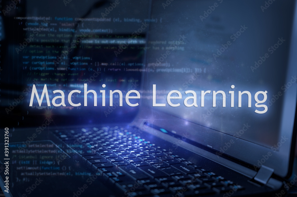 Machine learning inscription against laptop and code background. Learn ...