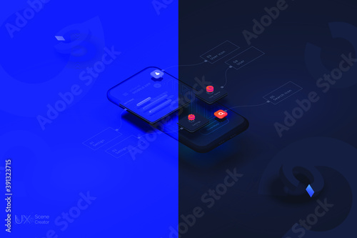 User experience. Smartphone mockup on black background with interactive user interface. The process of creating a mobile application. Website wireframe for mobile apps with active layers and links