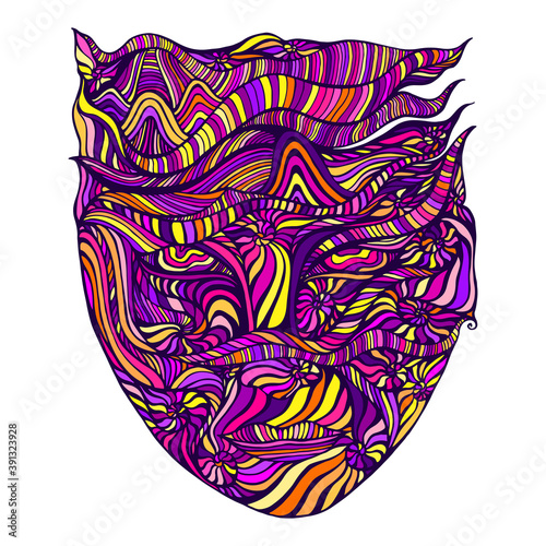 Multicolor bizarre surreal psychedelic  anthropomorphic face with many patterns,isolated on white background