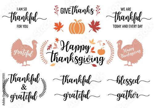 Thanksgiving cards, lettering and graphic design elements, vector set