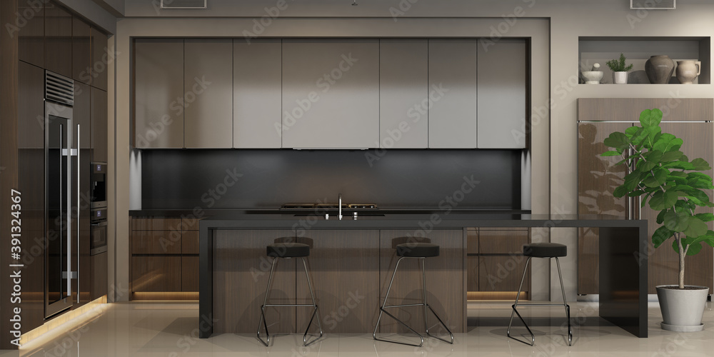 Modern interior of kitchen with living room Modern interior of kitchen with living room