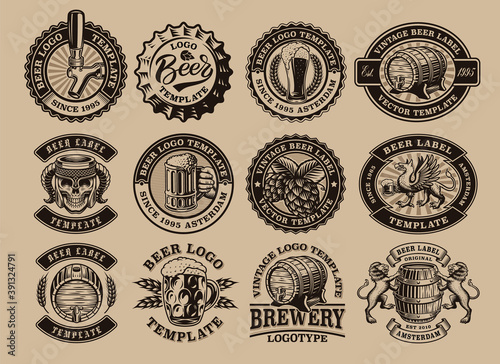 A bundle of black and white vintage beer emblems, these design can be used as a logo template for a brewery or for a bar as well as for many other uses.