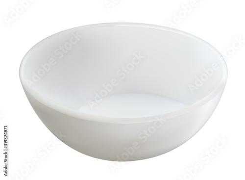 Empty white realistic ceramic dip bowl for sauces. Vector illustration. Blank round classic dishware container porcelain ramekin. Crockery for condiments