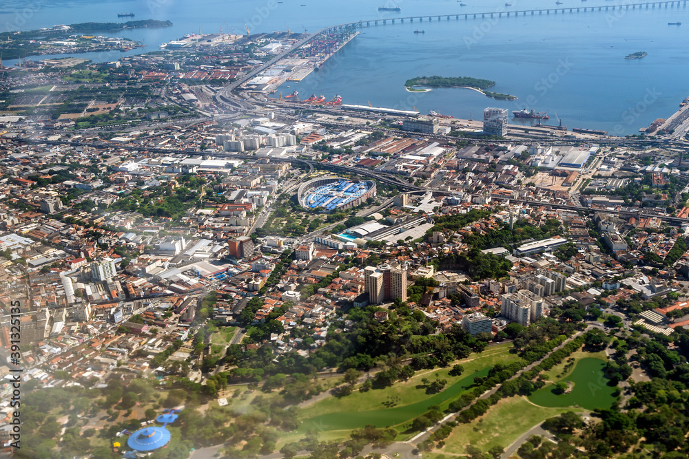 Aerial view of the São Cristóvão neighborhood and the port of Rio de Janeiro Nearby Guanabara Bay