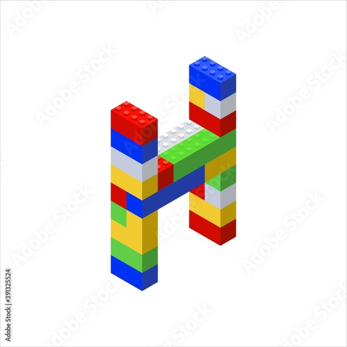 Isometric font made from color plastic blocks. The childrens designer. Letter H. Vector illustration