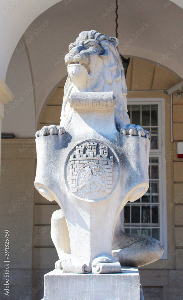 The one of two lions sculpture with shields guarding Lviv Town Hall on ...