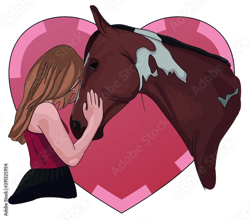 Vector colored illustration: pinto-arab love, a girl with her horse