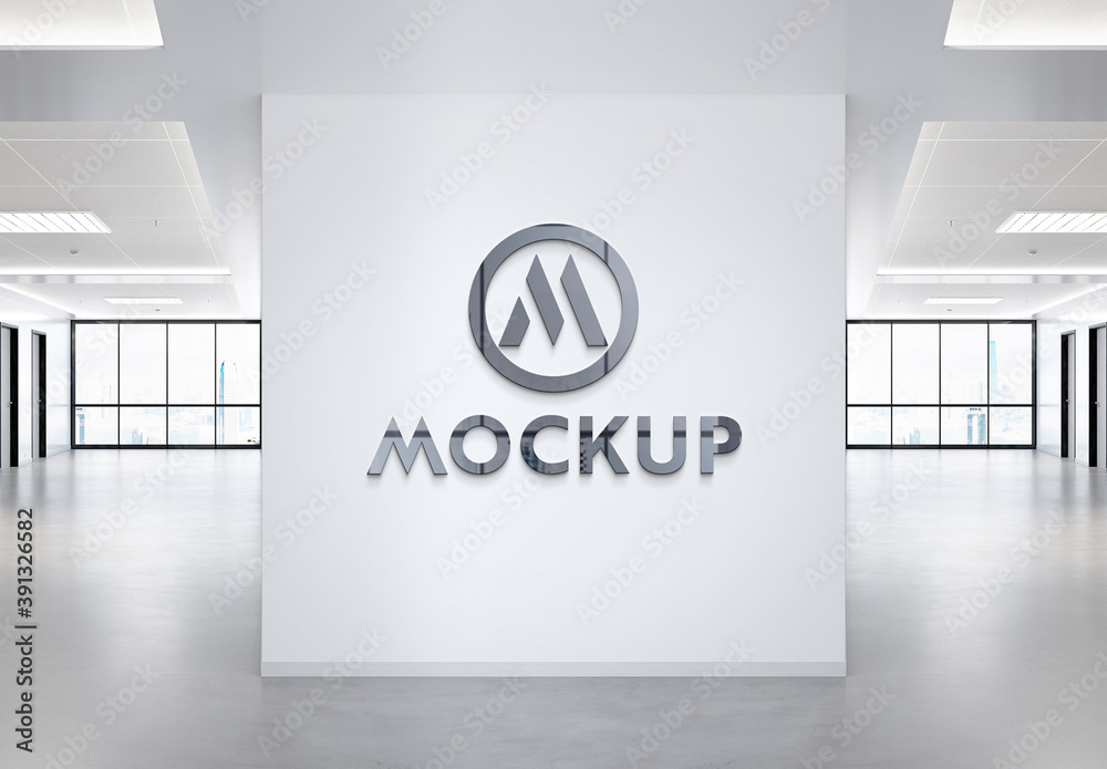 Reflective 3D Logo on Office Wall Mockup Stock Template | Adobe Stock