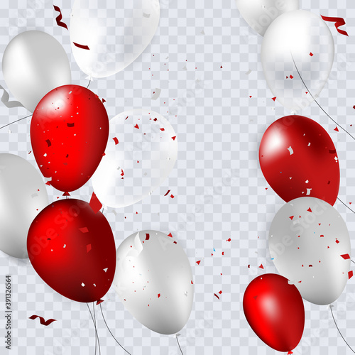 Red, white and gray balloons, illustration. Confetti and Ribbons Celebration Background Template