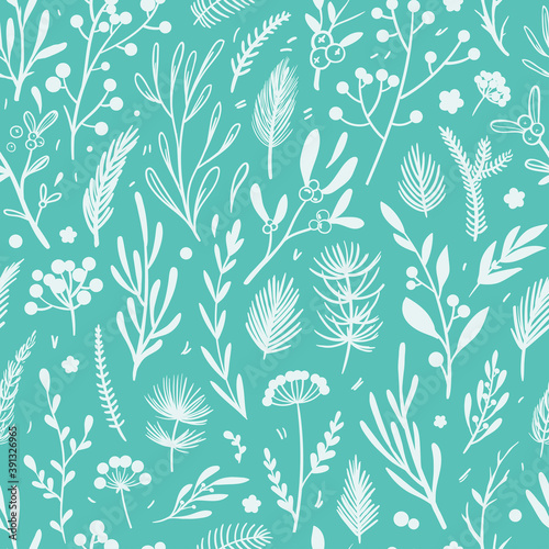 Winter pattern with white floral elements on light blue background. Vector seamless pattern, botanical design. Elegant Christmas wrapping paper. 