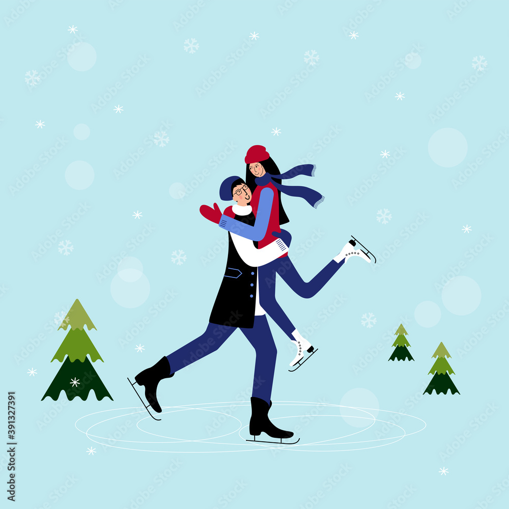 A beautiful Couple is Skating together on Ice Rink. A men and women are Dancing on Ice, man hugs his partner and she feels safe. Winter sport and winter activities. A beautiful Couple is Skating together on Ice Rink. A men and women are Dancing on Ice, man hugs his partner and she feels safe. Winter sport and winter activities.