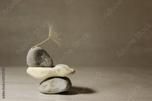 Blurry image of dandelion seeds lying on stones. Natural background.  Nature, balance, backdrop concept.