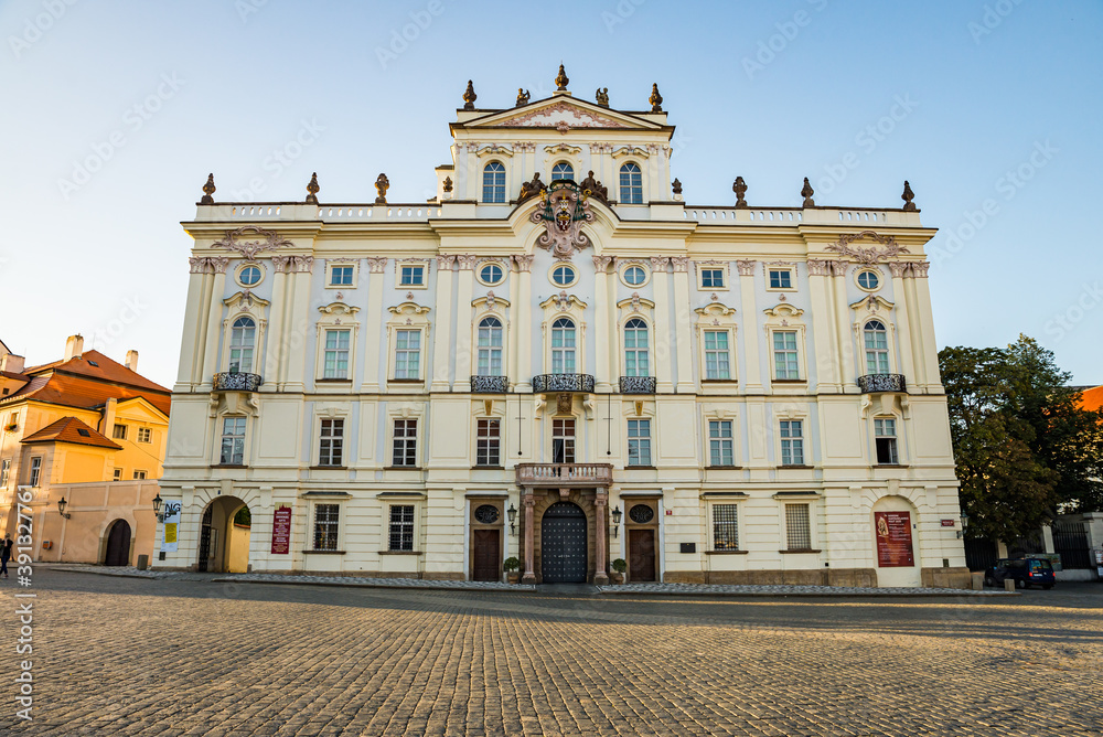 Prague, Czech republic - September 19, 2020. Hradcanske namesti Square without people during travel restrictions - Archbishop Palace