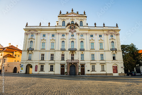 Prague  Czech republic - September 19  2020. Hradcanske namesti Square without people during travel restrictions - Archbishop Palace