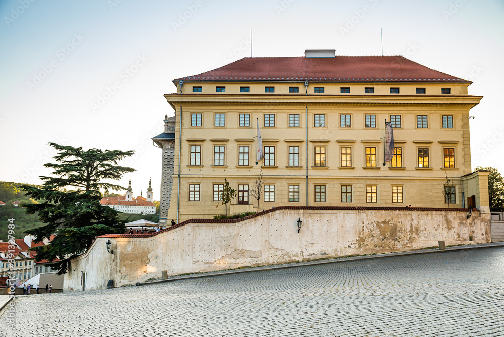 Prague, Czech republic - September 19, 2020. Hradcanske namesti Square without people during travel restrictions - building of National Gallery Prague - Salm Palace