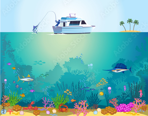 Fish swimming under the sea. Fisherman in a boat