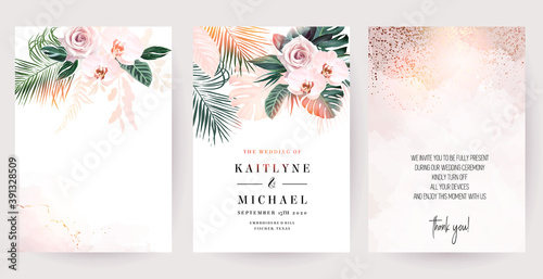 Dusty pink rose, white orchid, paradise plants, emerald green monstera