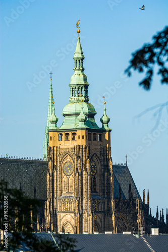 Prague, Czech republic - September 19, 2020. Detail of towers of St. Vitus Cathedral
