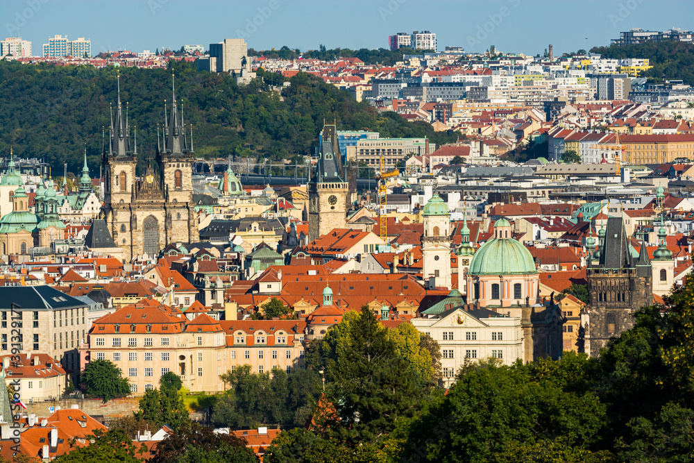 Prague, Czech republic - September 19, 2020. View on main towers in downtown with Tyn, Charles Bridge and others in Old Town