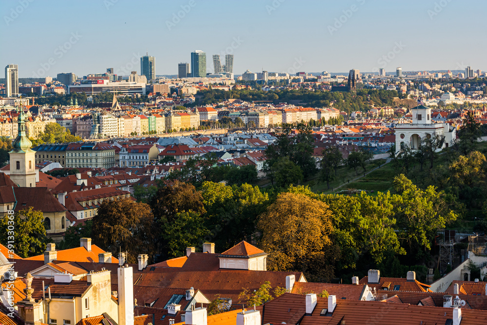 Prague, Czech republic - September 19, 2020. Panorama of Prague 2 and 4 with Vysehrad and skyscrapers