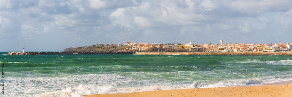 Panorama of Supertubos beach in Peniche, Portugal