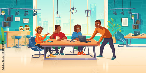 People in coworking area think business idea or develop art project, teamwork, brainstorm concept. Relaxed creative team sitting at desk on armchairs in working space, Cartoon vector illustration