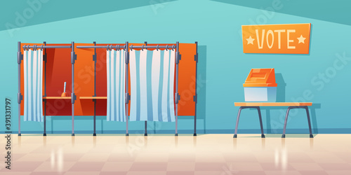 Polling station empty interior, separated voting booths with close and open curtains and pen on desk. Poll, presidential election concept. Place for civil rights execution, Cartoon vector illustration