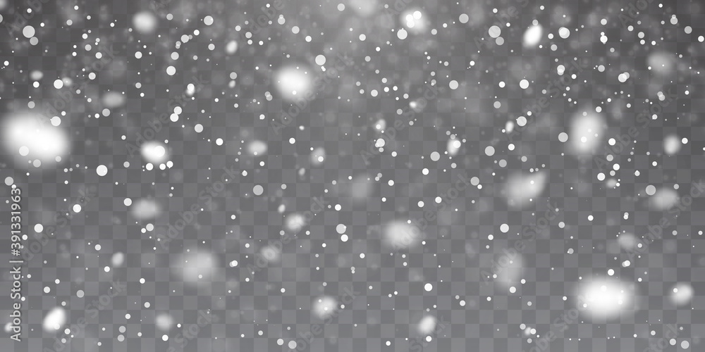 Christmas snow. Falling snowflakes on transparent background. Snowfall. Vector illustration