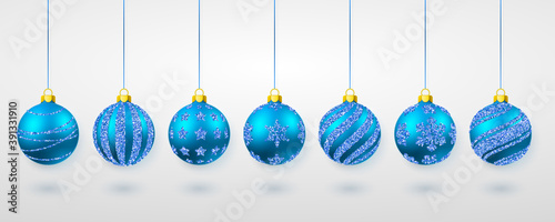 Blue shiny glitter glowing and transparent Christmas balls. Xmas glass ball. Holiday decoration template. Vector illustration