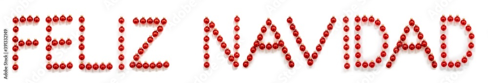 Red Christmas Ball Ornament Building Spanish Word Feliz Navidad Means Merry Christmas. Festive Christmas Decoration. White Isolated Background Red Christmas Ball Ornament Building Spanish Word Feliz Navidad Means Merry Christmas. Festive Christmas Decoration. White Isolated Background