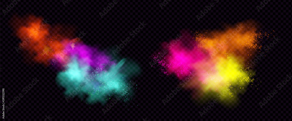 Explosions of color powder or dust with particles. Vector realistic set ...